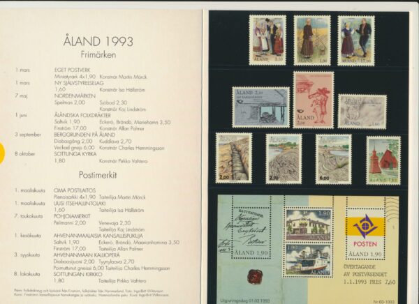 Aland Islands  UM / NH Mint yearset 1993.   All stamps, Blocks and Booklets.