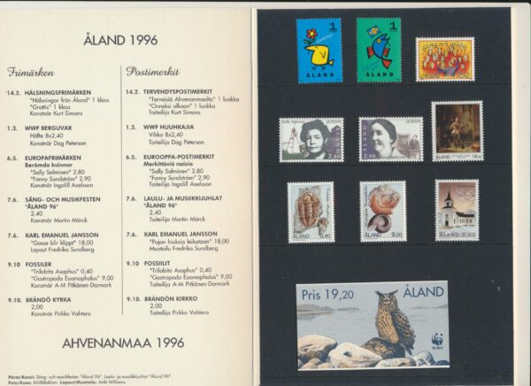 Aland Islands  UM / NH Mint yearset 1996.   All stamps, Blocks and Booklets.