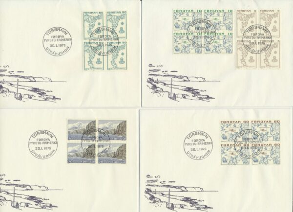 The Faroes . First issue from 30/1 1975, in  FDCs  Blocks of four.