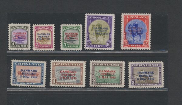 Greenland  Various designs from 1945. Overprint Danmark Befriet A full Fine used  set.