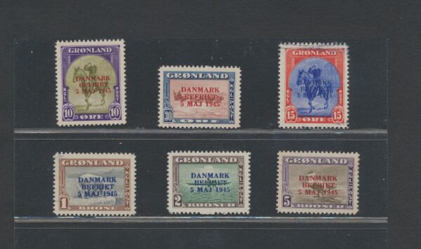 Greenland  Various designs from 1945. Overprint Danmark Befriet. Changed colors.