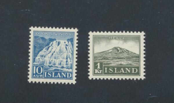 Hekla and Dynjandi. A Volcano and a Vaterfall from 1935. NH Mint set.