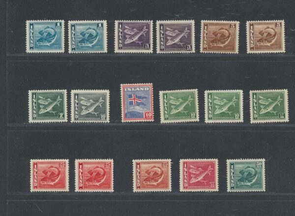 Fishes and Icelands Flag from 193 1945. NH Mint . Both perfs: 14 x 14 and 14 x 13.5