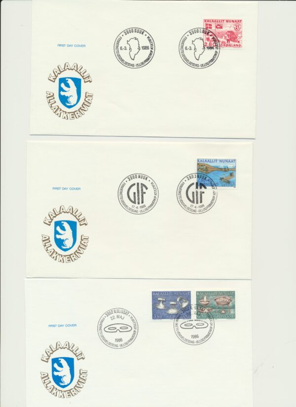 Greenland FDCs issued 1986 on FDC covers. with Blocks.