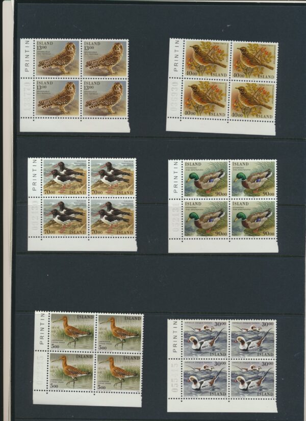 Icelandic Birds in  NH Mint blocks of four. All in full sets from 1987-1990